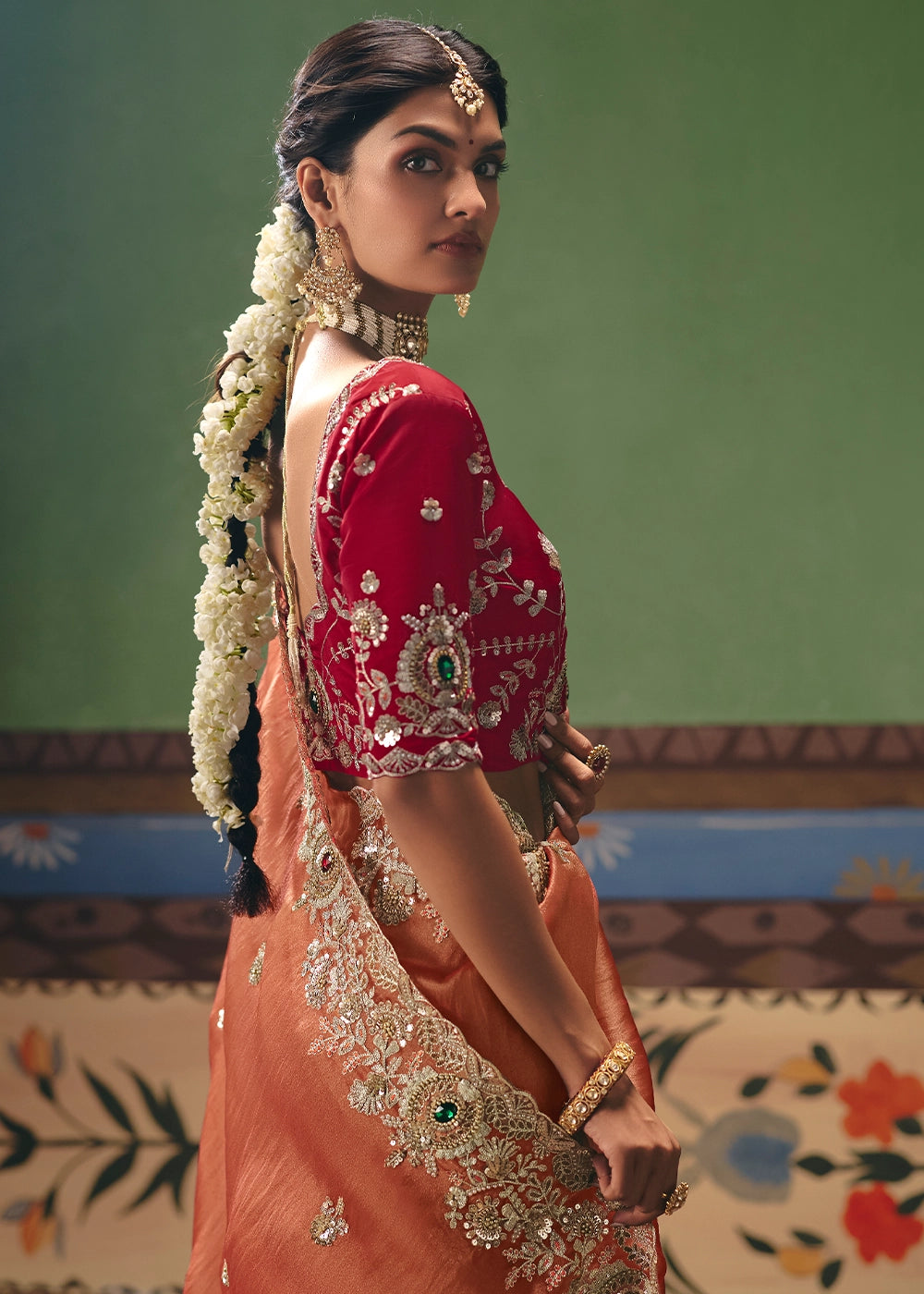 Blush Red Designer Tissue Saree with Pearl & Sequin Work