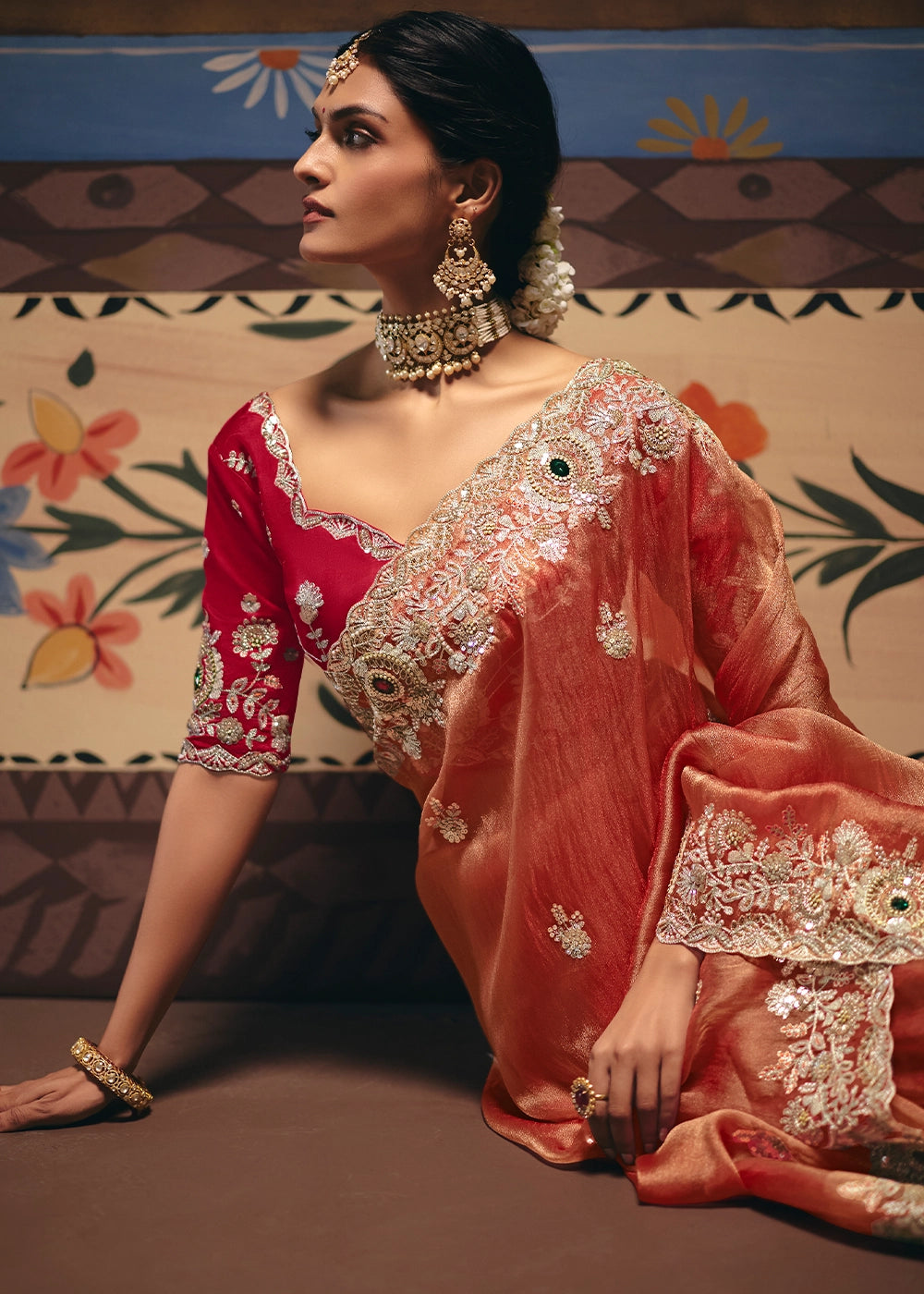 Blush Red Designer Tissue Saree with Pearl & Sequin Work