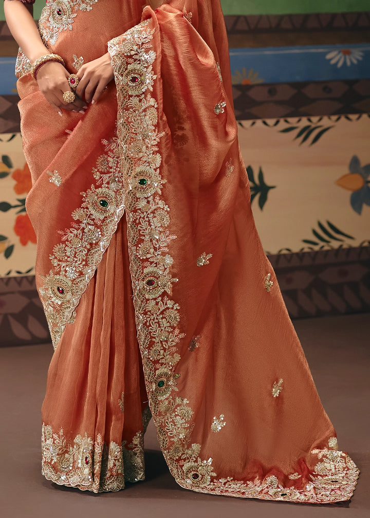 Blush Red Designer Tissue Saree with Pearl & Sequin Work