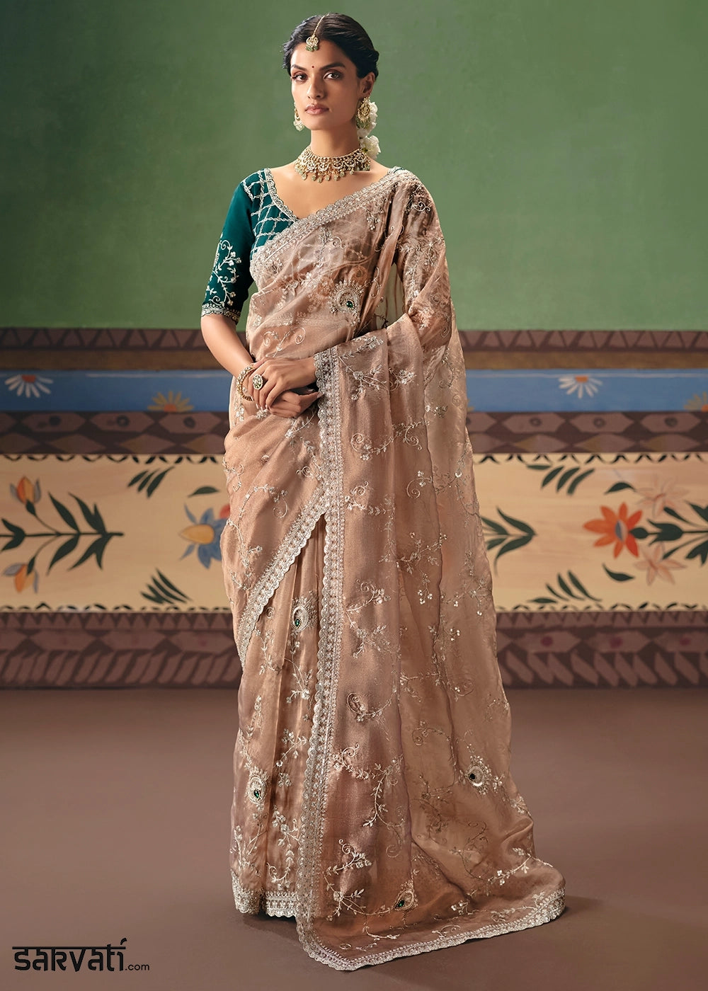 Light Brown Designer Tissue Saree with Pearl & Sequin Work