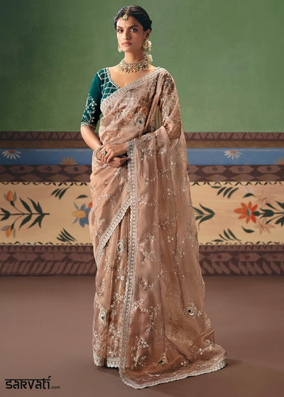 Light Brown Designer Tissue Saree with Pearl & Sequin Work