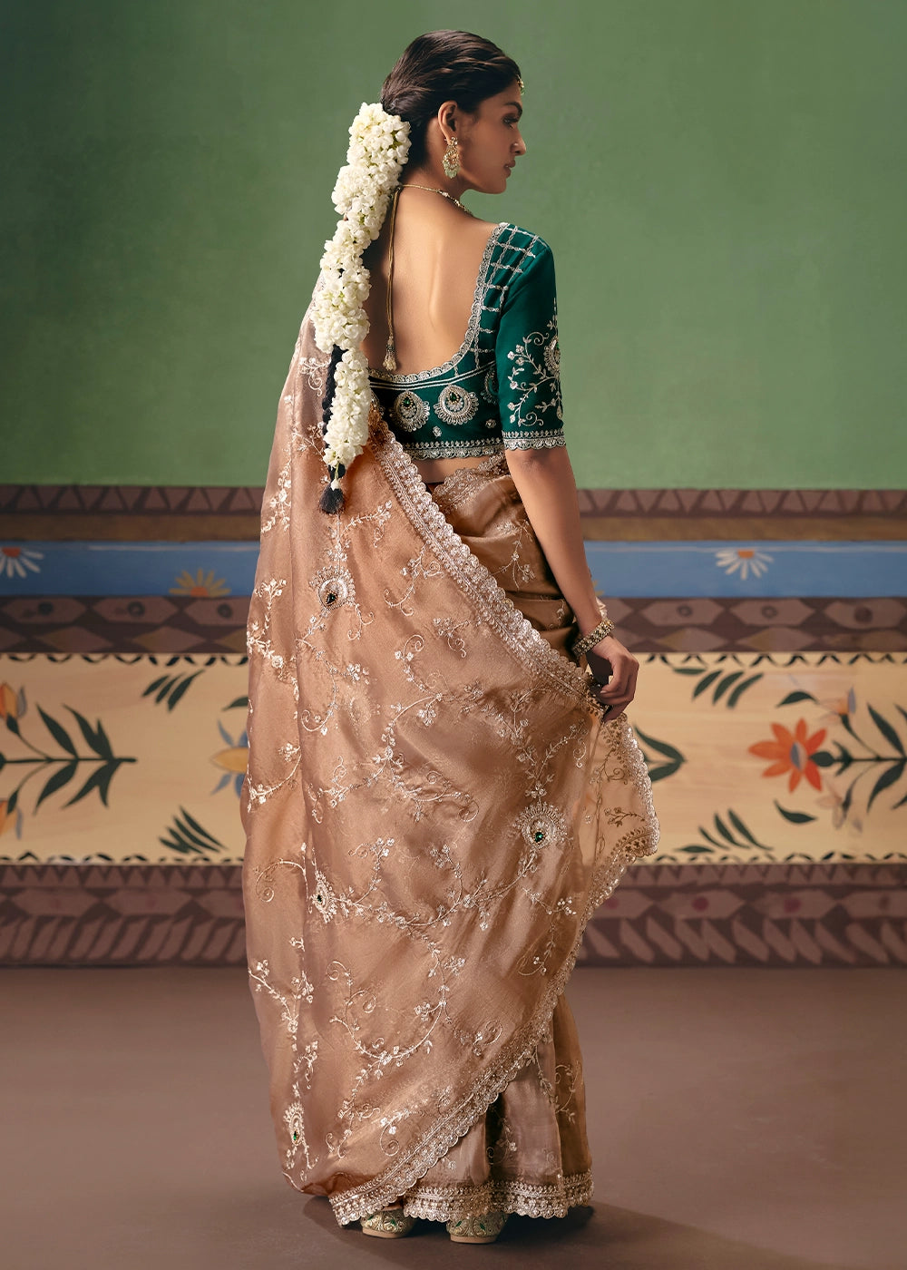 Light Brown Designer Tissue Saree with Pearl & Sequin Work