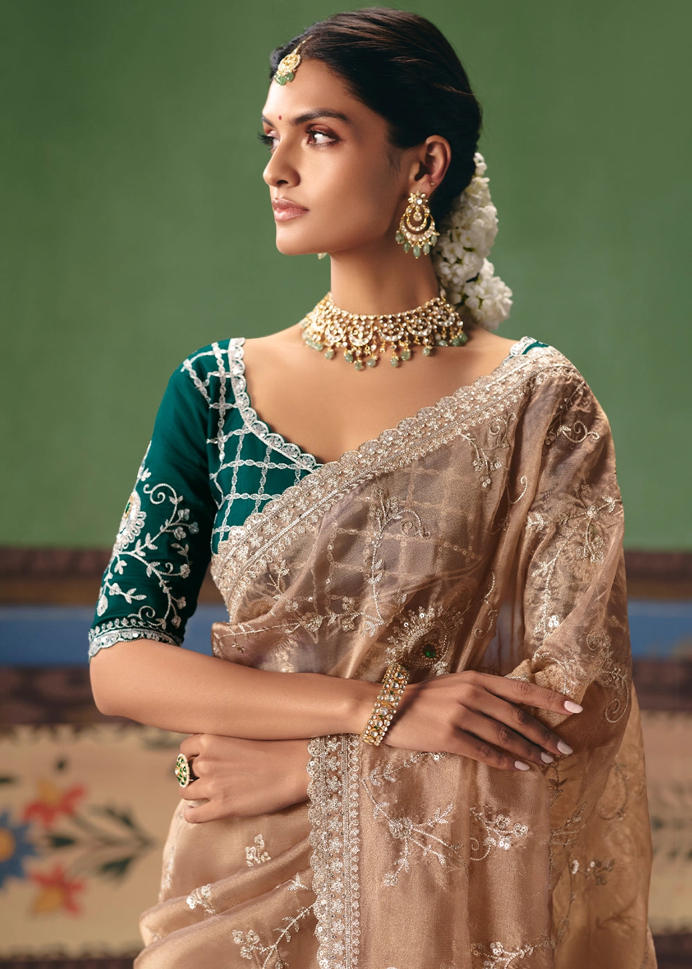 Light Brown Designer Tissue Saree with Pearl & Sequin Work