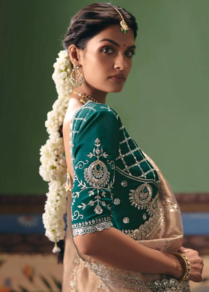 Light Brown Designer Tissue Saree with Pearl & Sequin Work