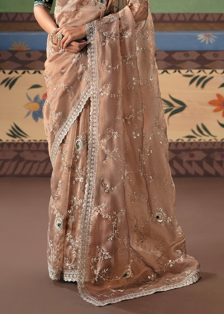 Light Brown Designer Tissue Saree with Pearl & Sequin Work