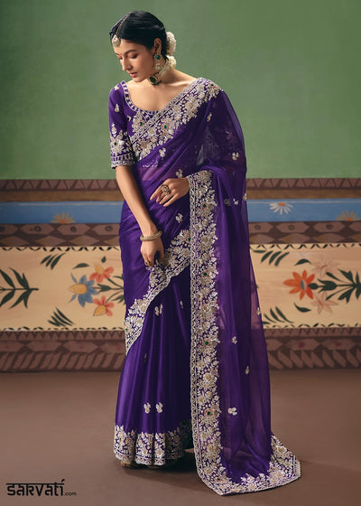 Indigo Purple Designer Tissue Saree with Pearl & Sequin Work