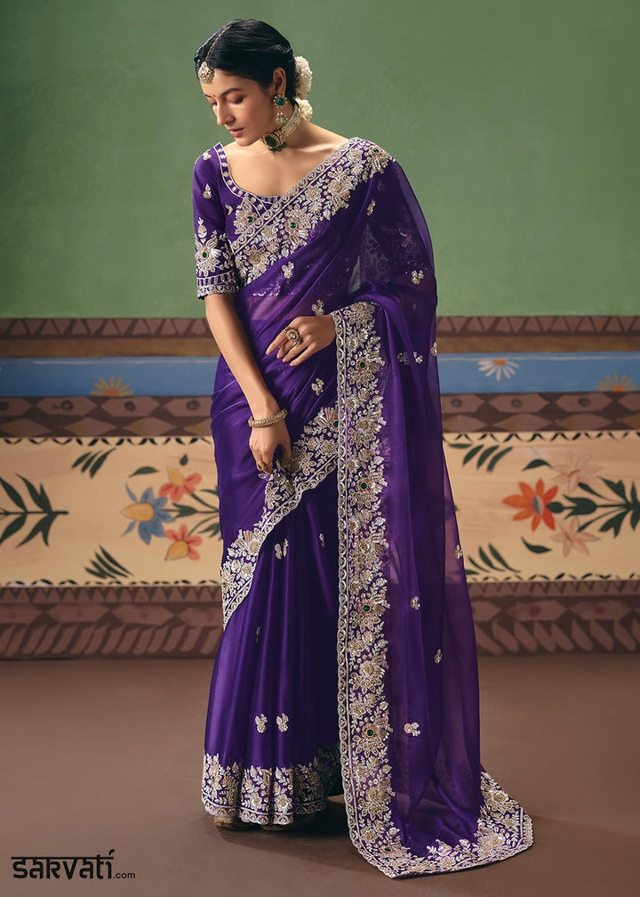 Indigo Purple Designer Tissue Saree with Pearl & Sequin Work