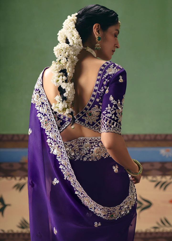 Indigo Purple Designer Tissue Saree with Pearl & Sequin Work