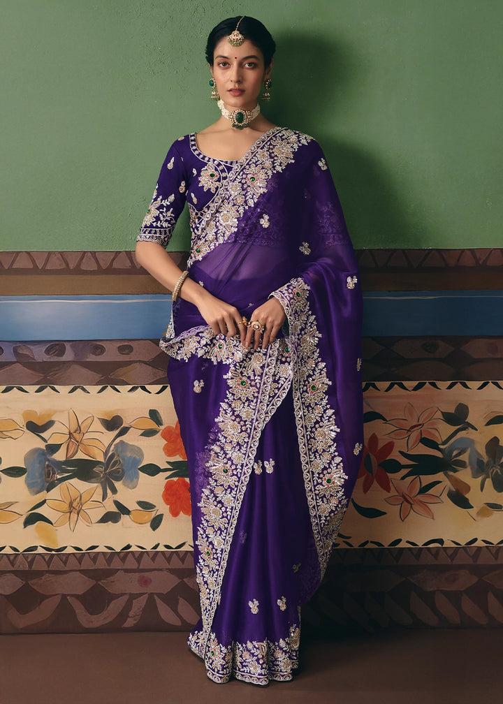 Indigo Purple Designer Tissue Saree with Pearl & Sequin Work