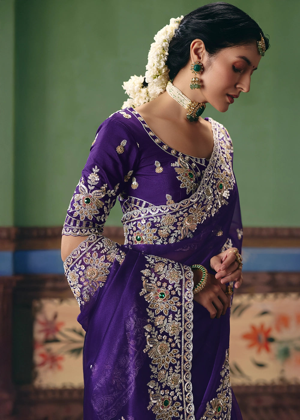 Indigo Purple Designer Tissue Saree with Pearl & Sequin Work