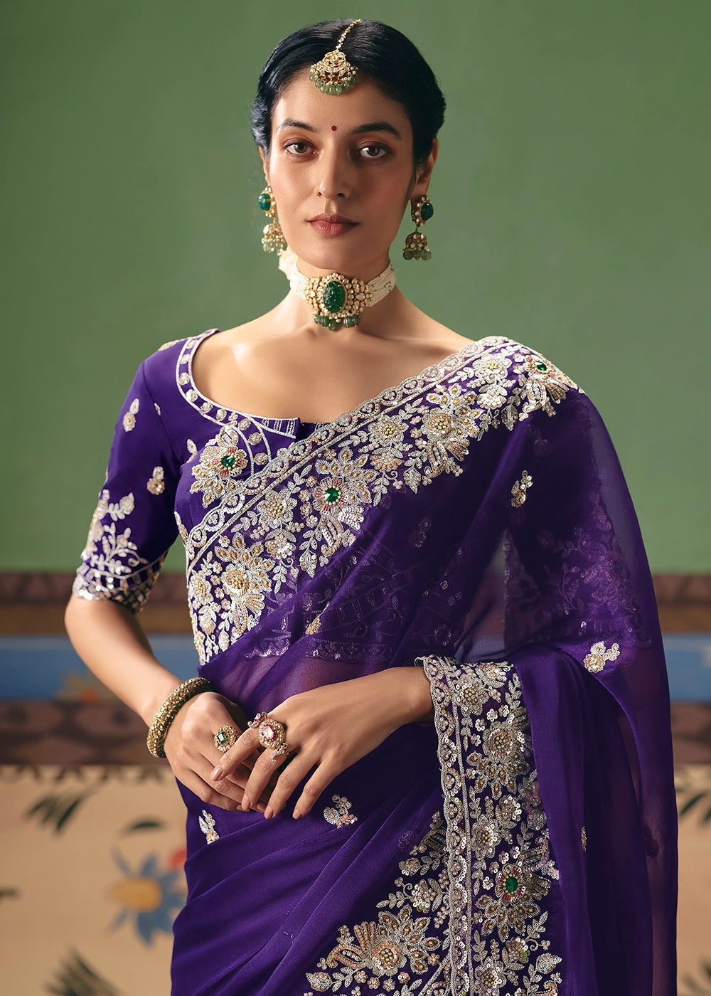 Indigo Purple Designer Tissue Saree with Pearl & Sequin Work