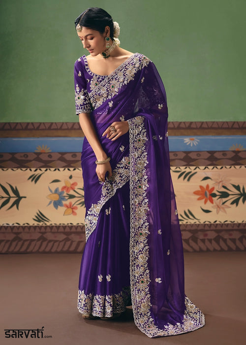 Indigo Purple Designer Tissue Saree with Pearl & Sequin Work