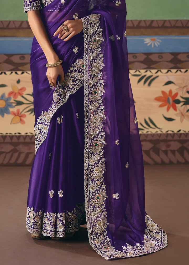 Indigo Purple Designer Tissue Saree with Pearl & Sequin Work