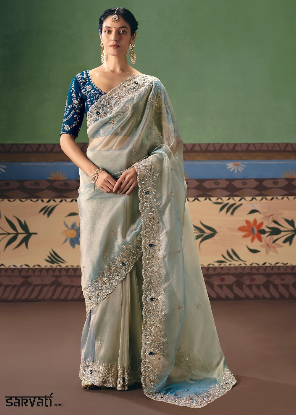 White Blue Designer Tissue Saree with Pearl & Sequin Work