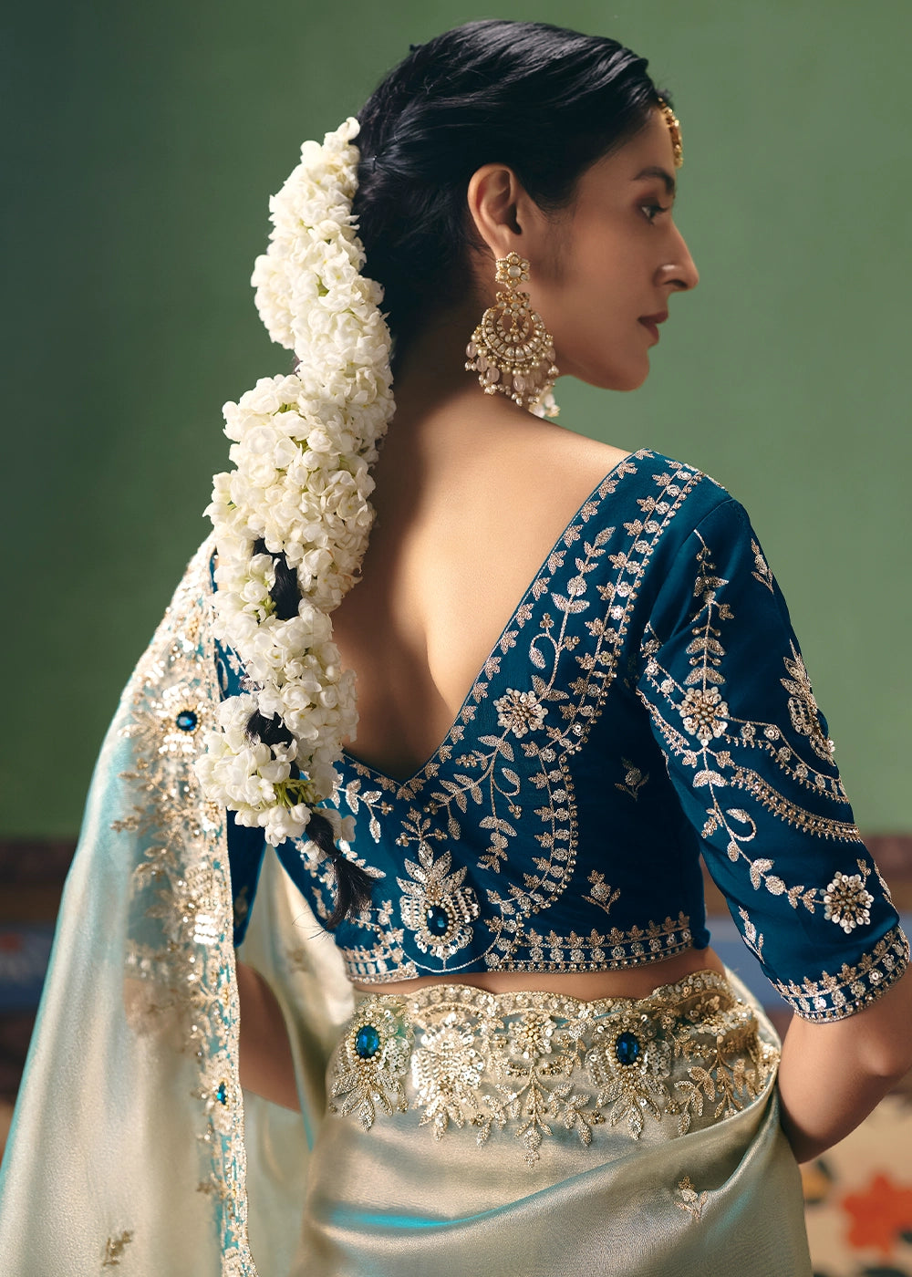 White Blue Designer Tissue Saree with Pearl & Sequin Work