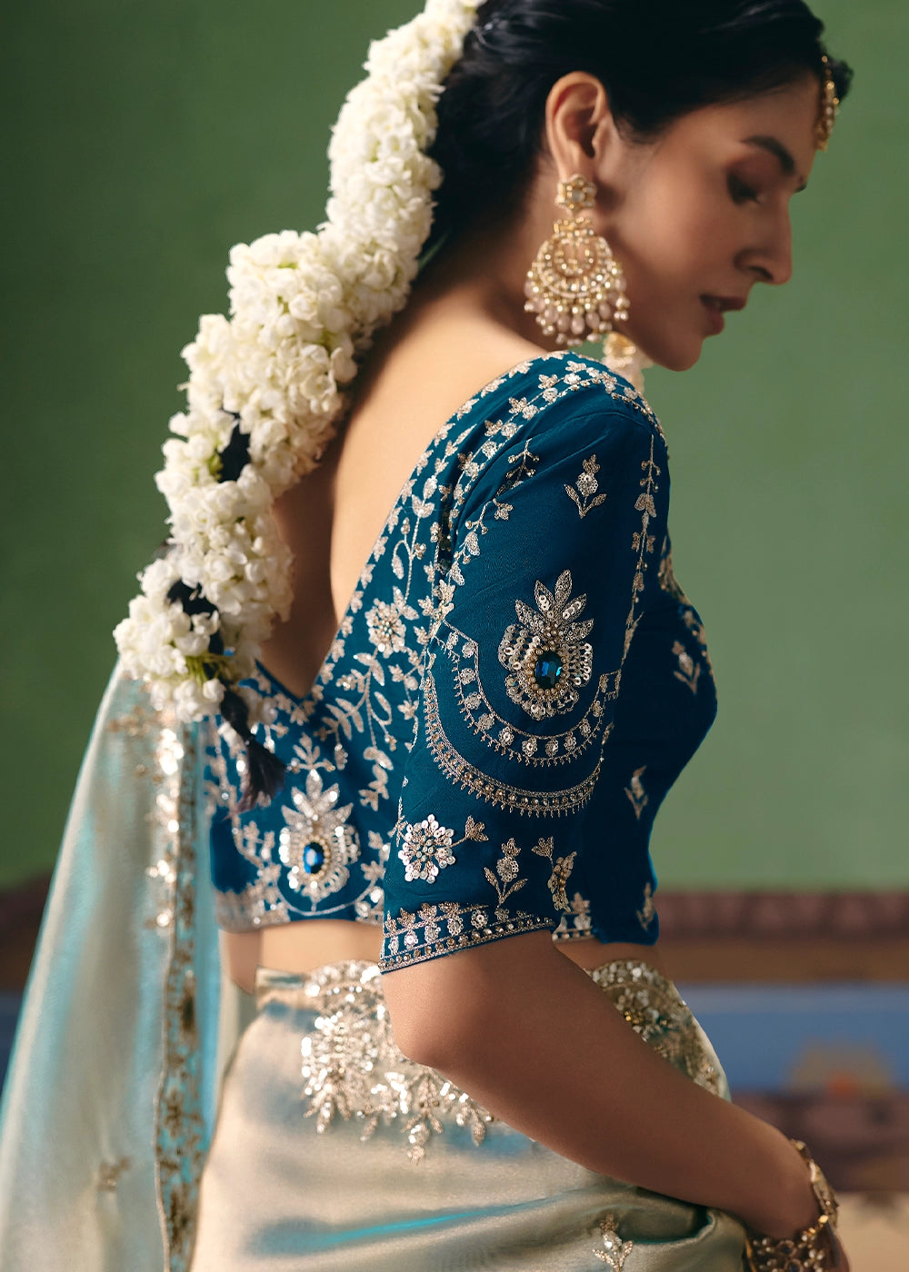 White Blue Designer Tissue Saree with Pearl & Sequin Work