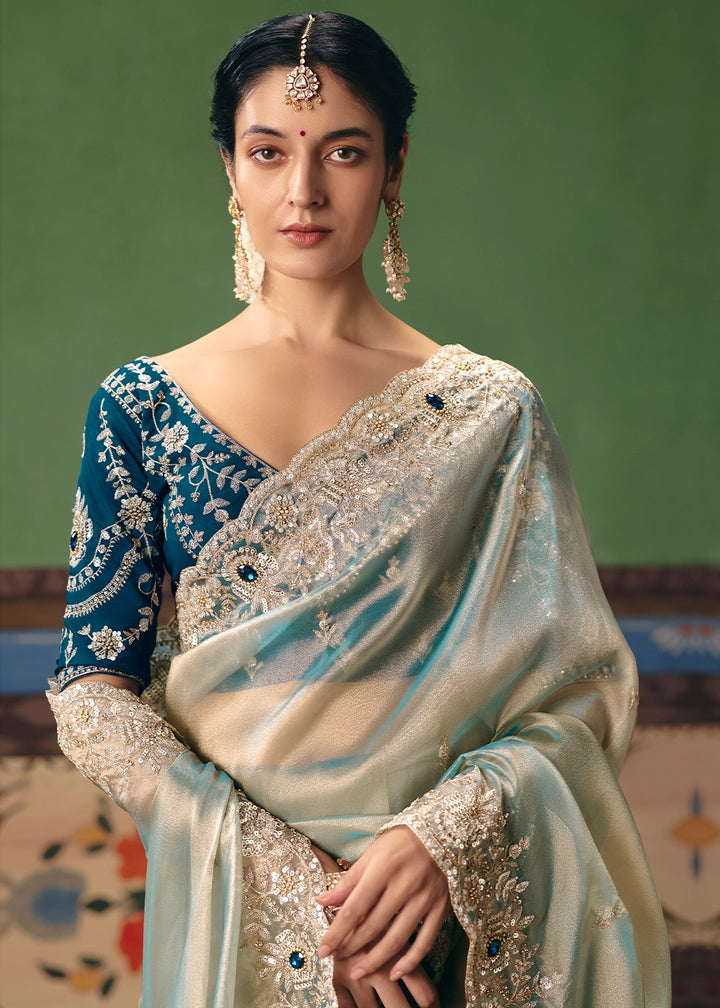 White Blue Designer Tissue Saree with Pearl & Sequin Work