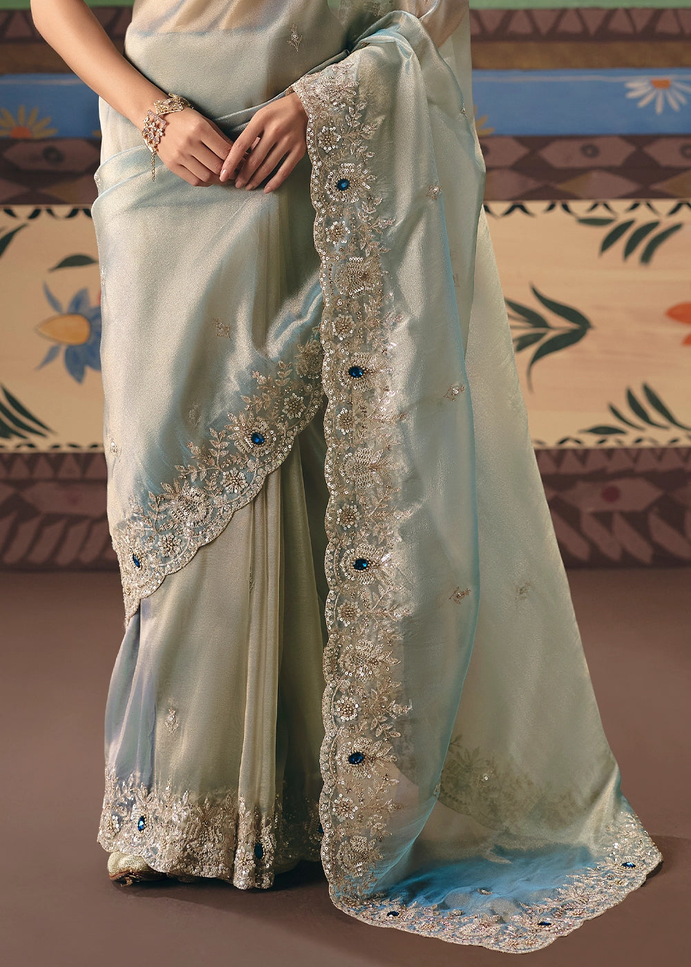 White Blue Designer Tissue Saree with Pearl & Sequin Work