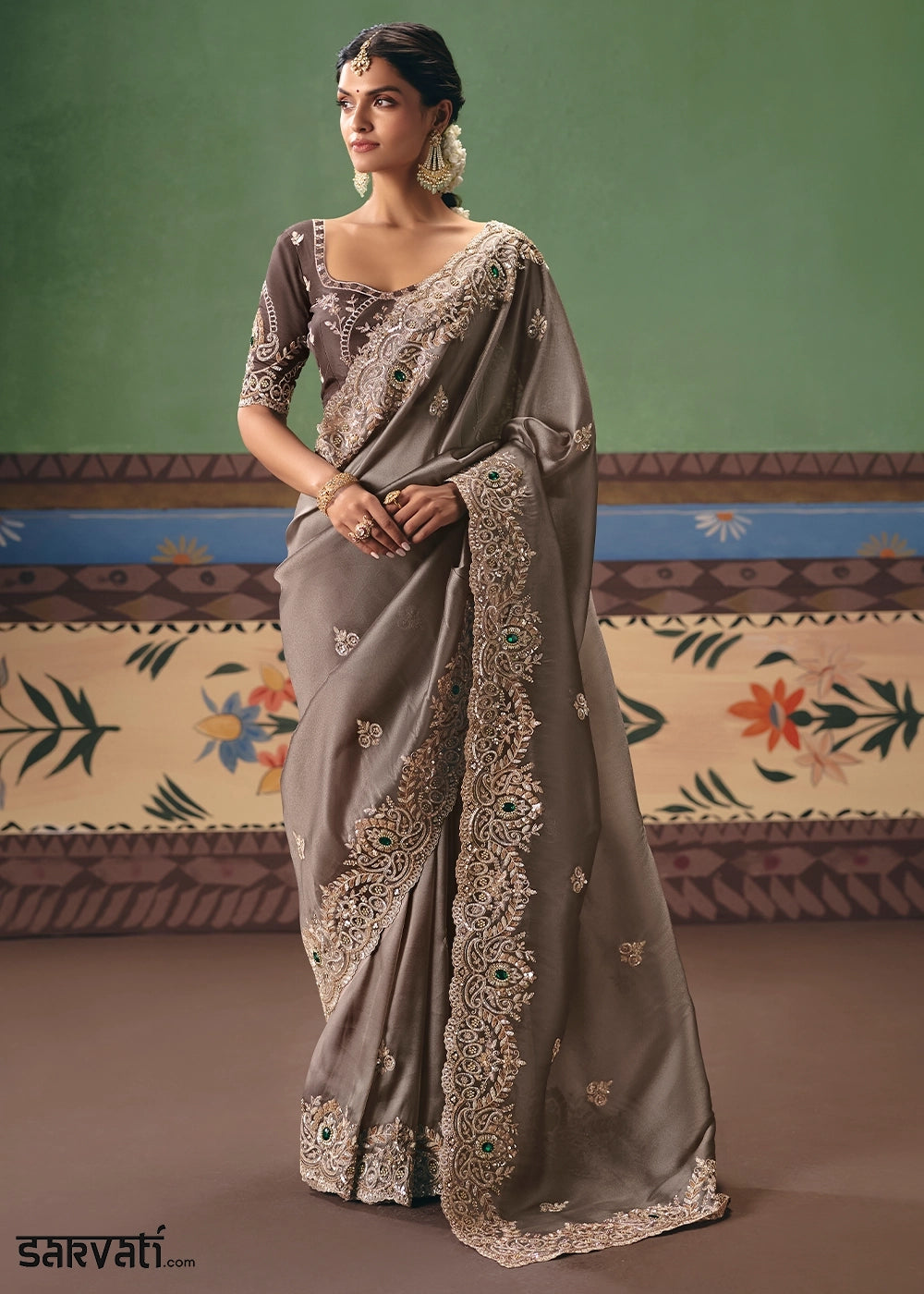 Griffin Brown Designer Tissue Saree with Pearl & Sequin Work