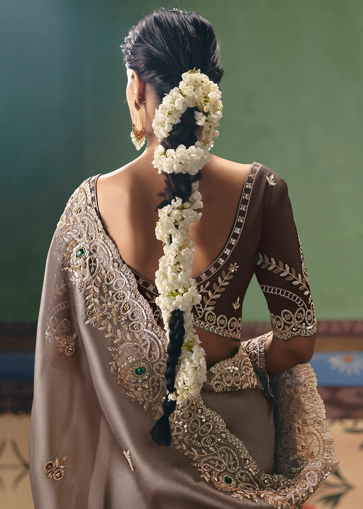 Griffin Brown Designer Tissue Saree with Pearl & Sequin Work