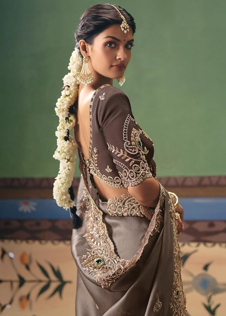 Griffin Brown Designer Tissue Saree with Pearl & Sequin Work