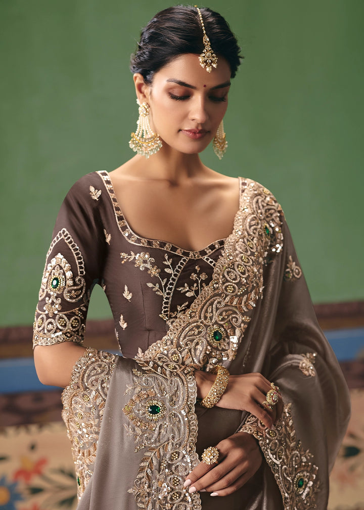 Griffin Brown Designer Tissue Saree with Pearl & Sequin Work