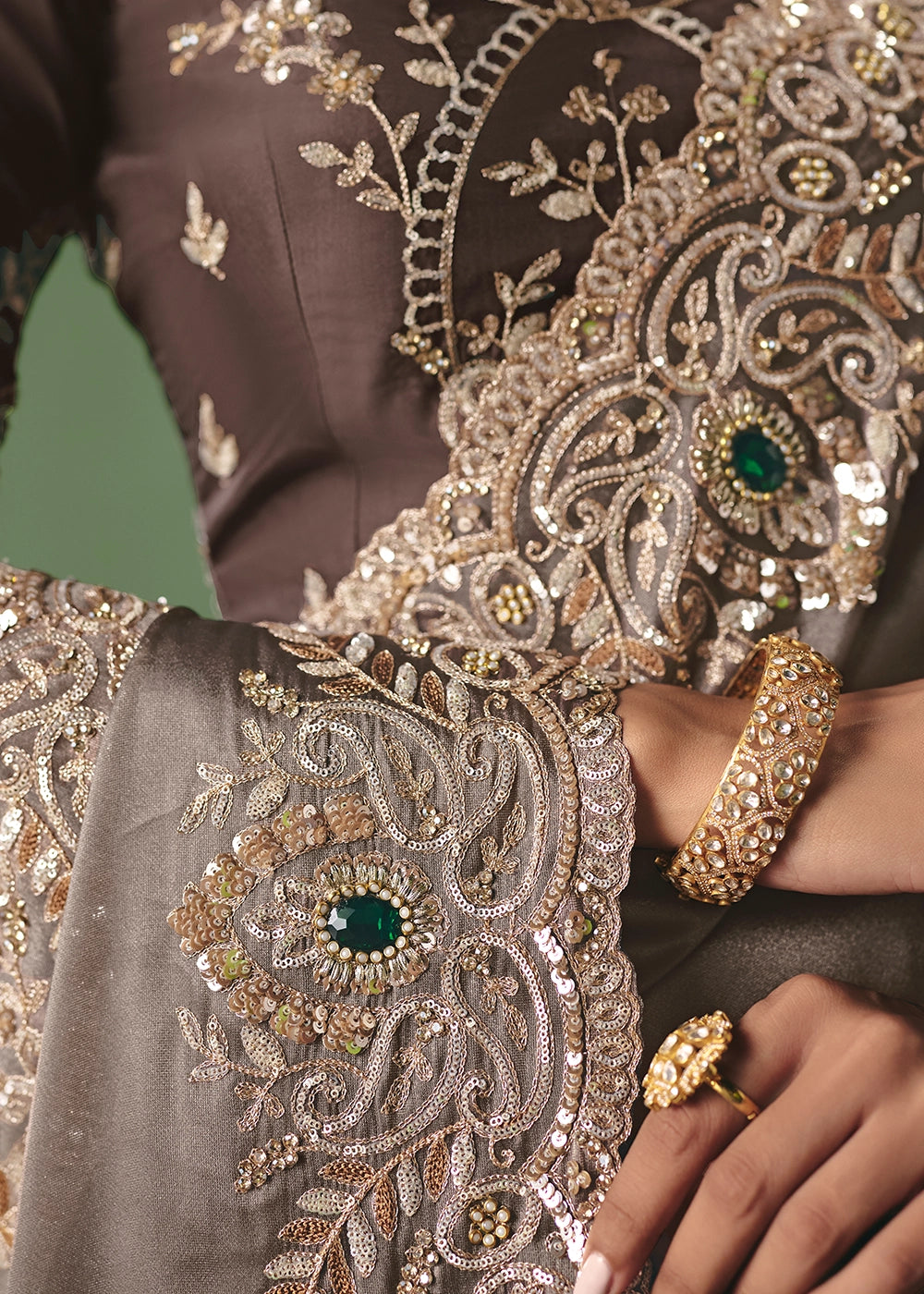 Griffin Brown Designer Tissue Saree with Pearl & Sequin Work