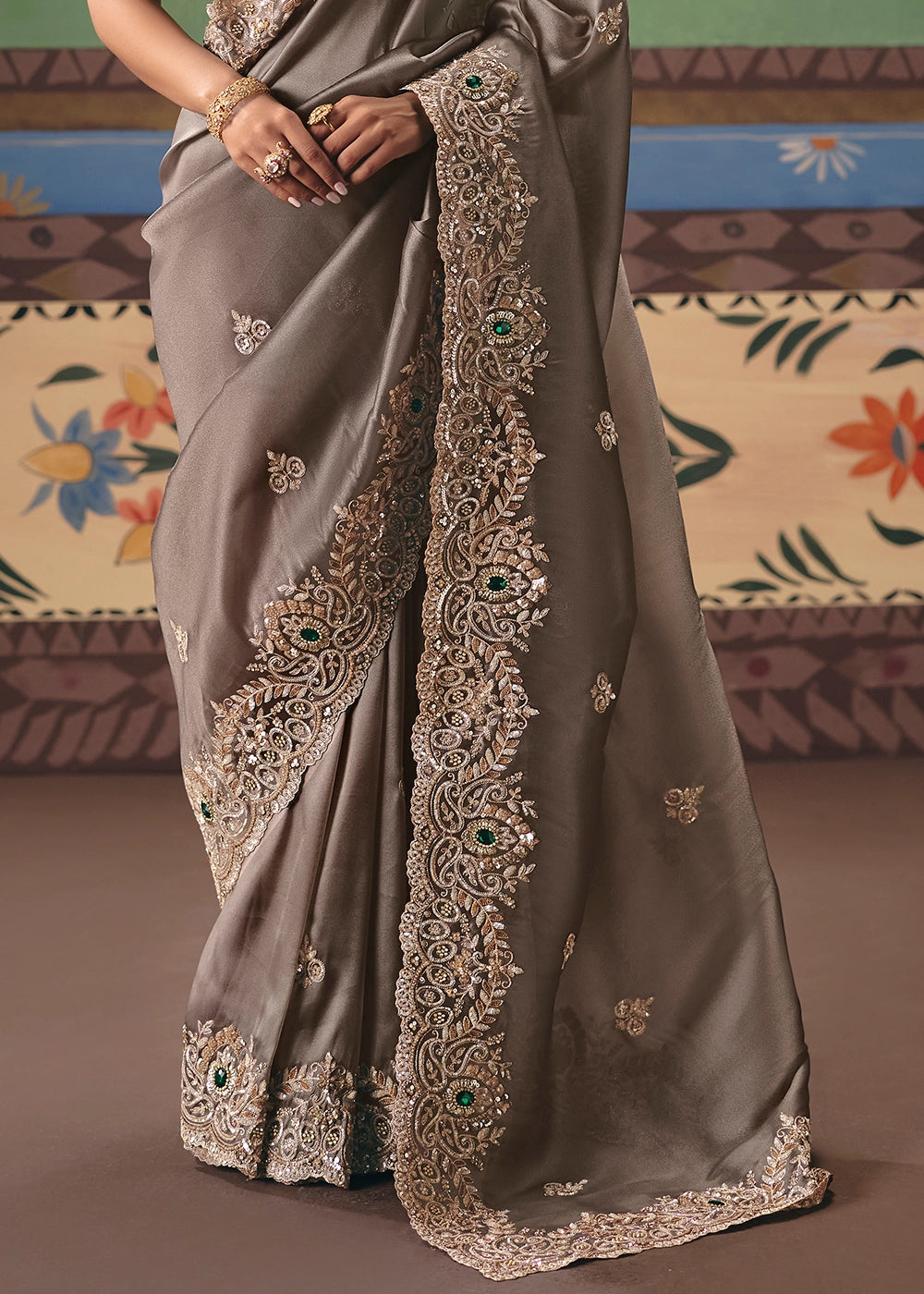 Griffin Brown Designer Tissue Saree with Pearl & Sequin Work