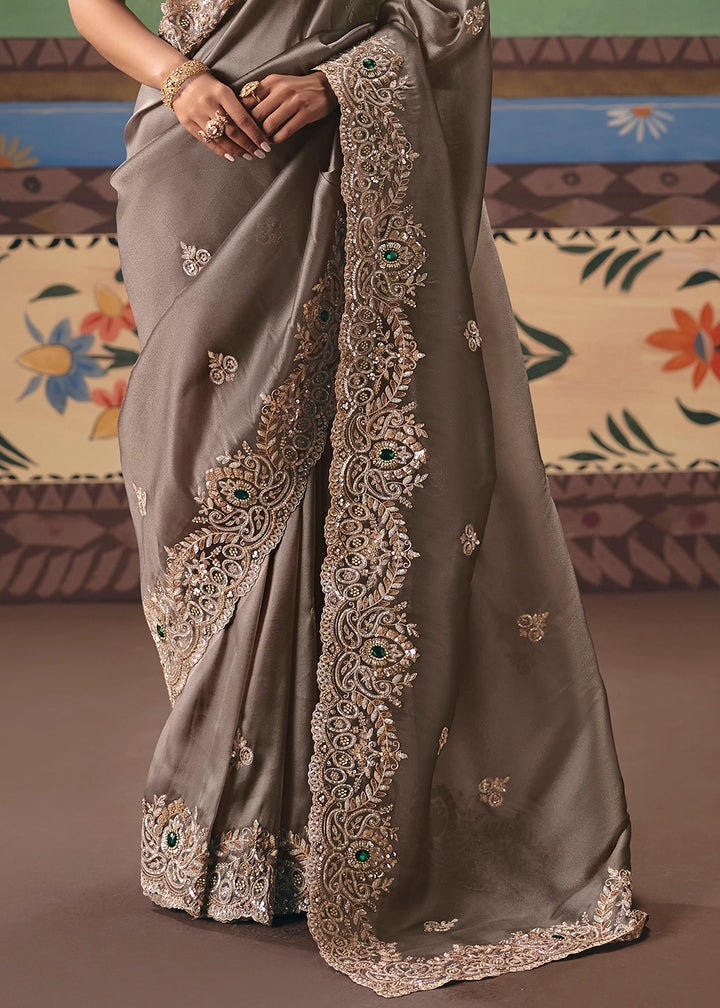 Griffin Brown Designer Tissue Saree with Pearl & Sequin Work