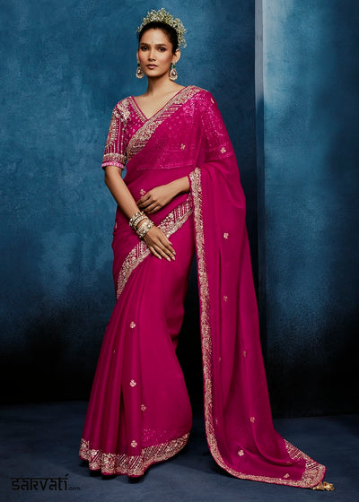 Magenta Pink Tissue Designer Saree with Embellished Blouse