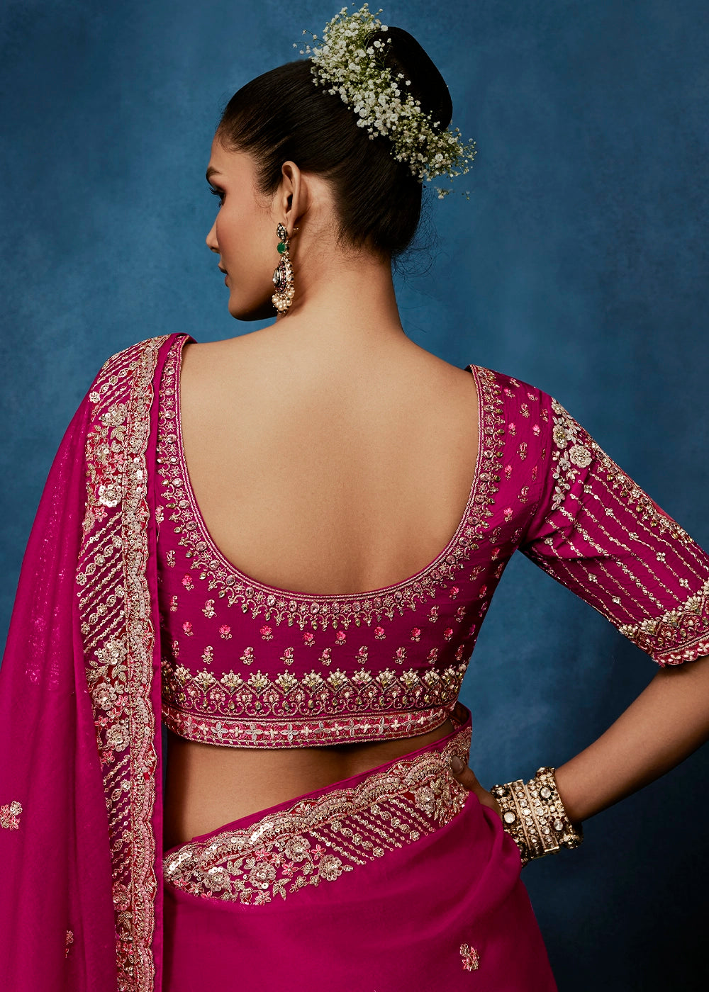 Magenta Pink Tissue Designer Saree with Embellished Blouse