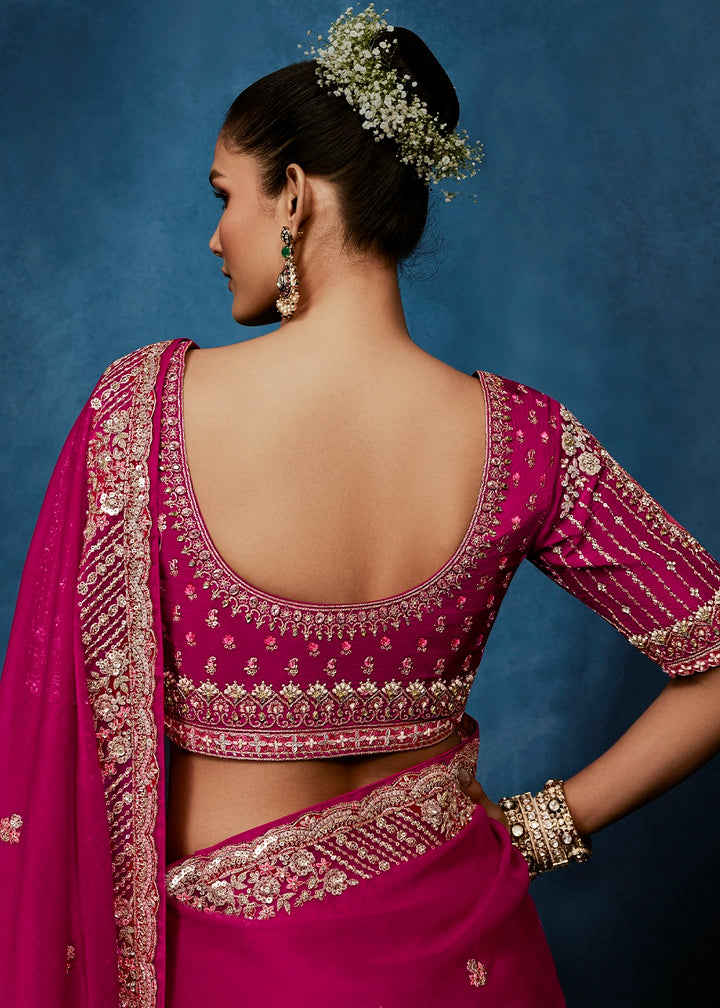 Magenta Pink Tissue Designer Saree with Embellished Blouse