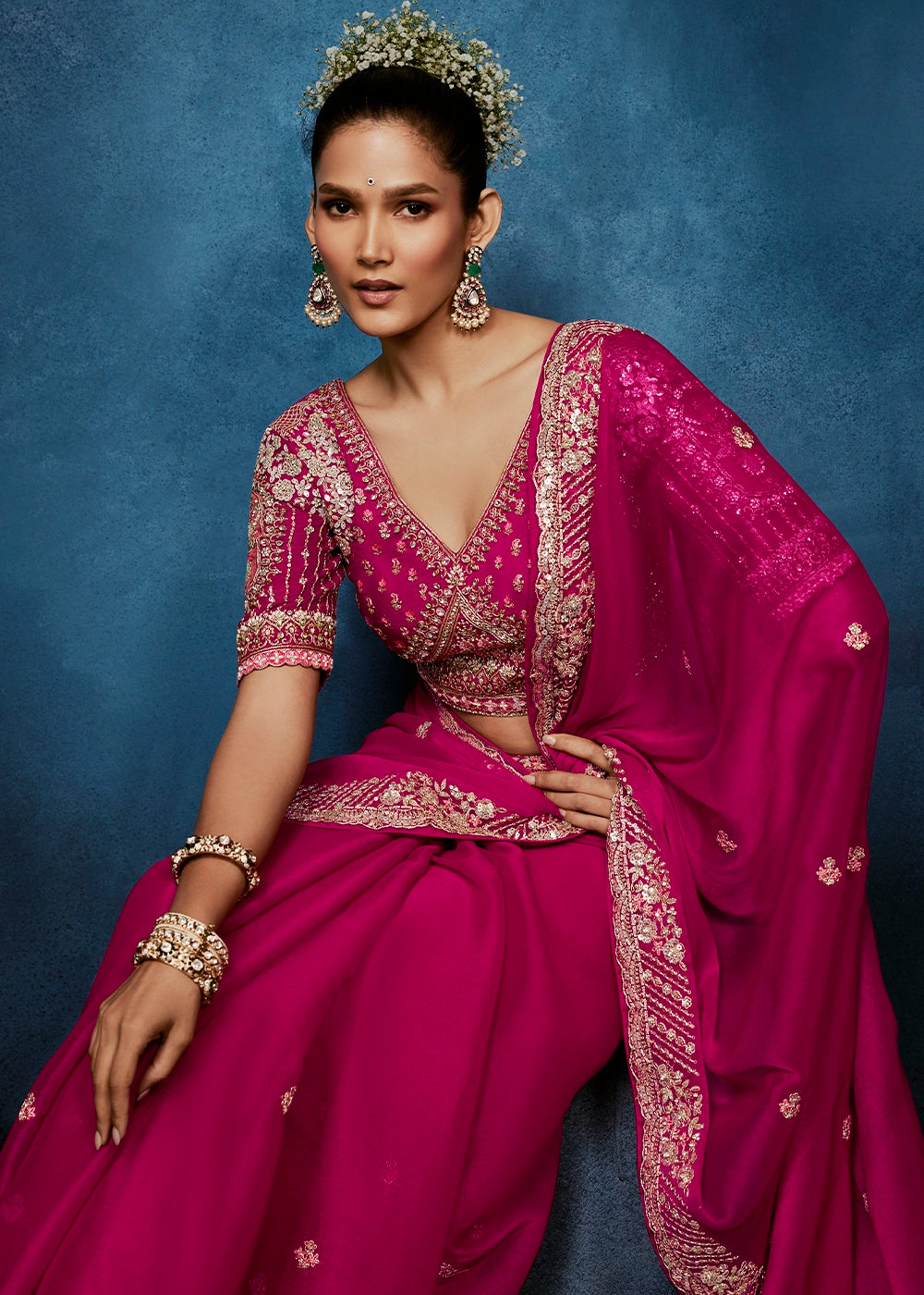 Magenta Pink Tissue Designer Saree with Embellished Blouse