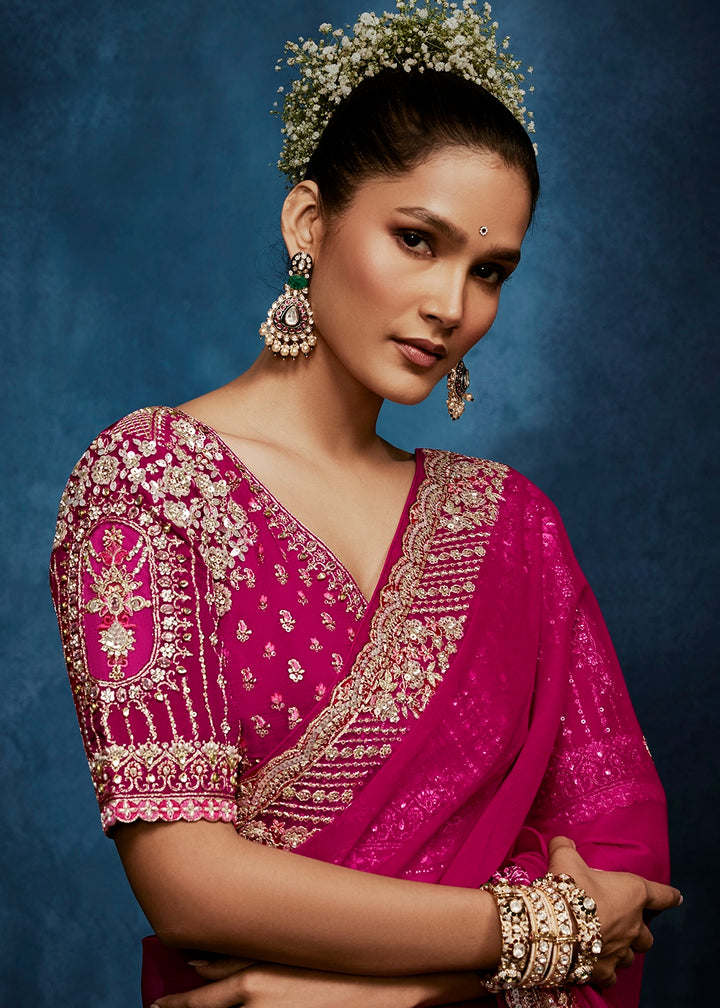 Magenta Pink Tissue Designer Saree with Embellished Blouse