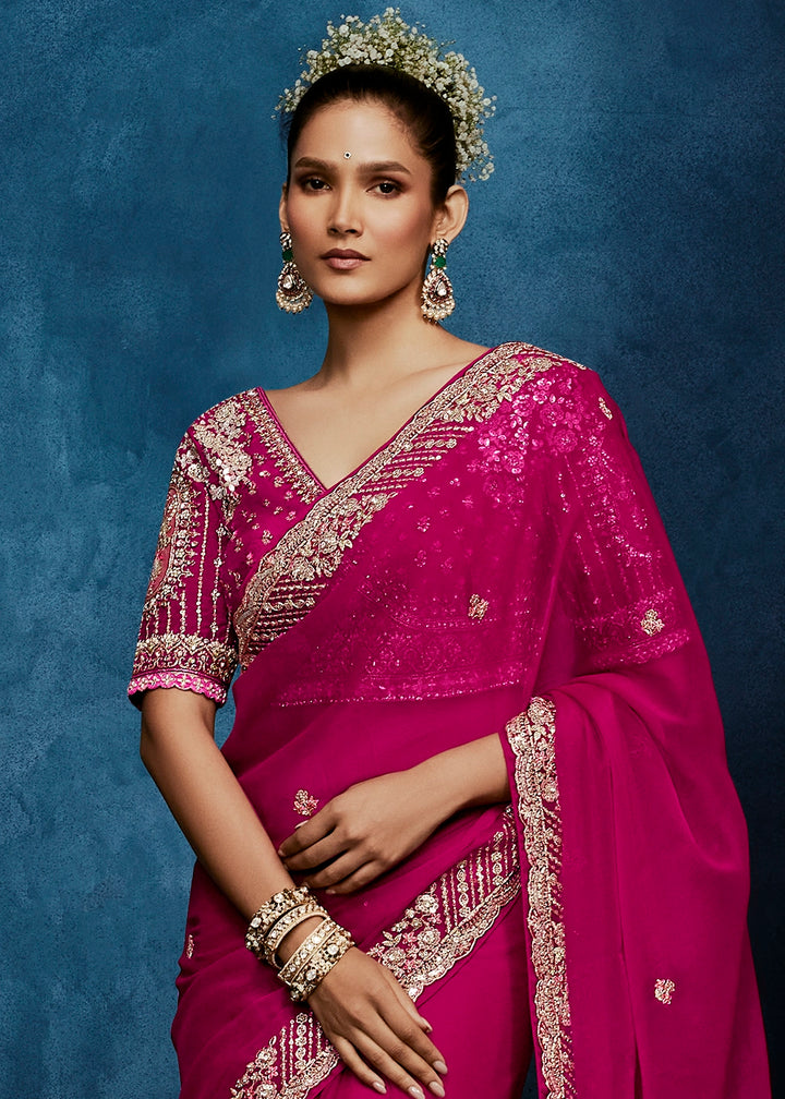 Magenta Pink Tissue Designer Saree with Embellished Blouse