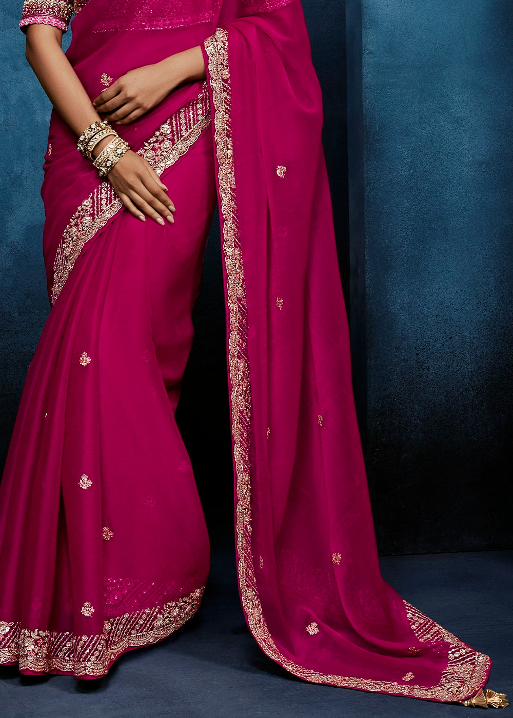 Magenta Pink Tissue Designer Saree with Embellished Blouse
