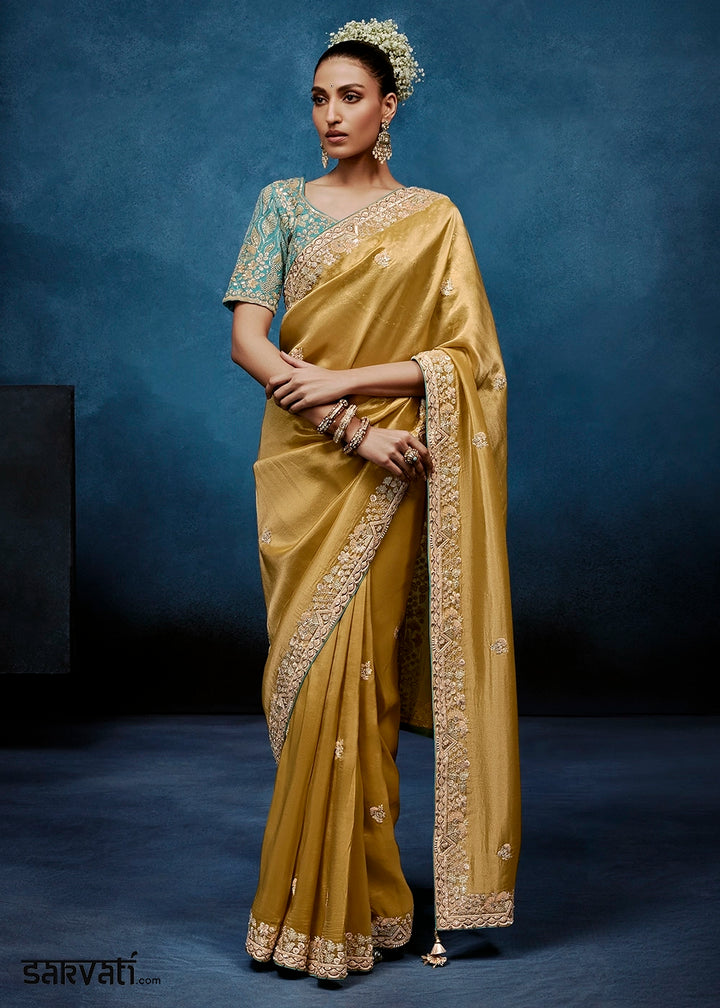 Golden Mustard Yellow Tissue Designer Saree with Embellished Blouse