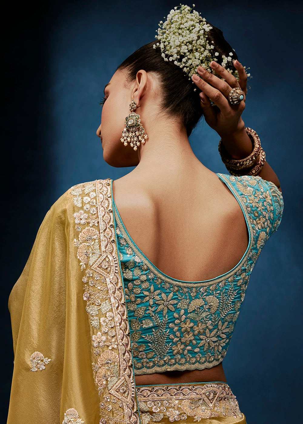 Golden Mustard Yellow Tissue Designer Saree with Embellished Blouse