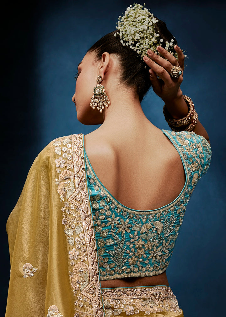 Golden Mustard Yellow Tissue Designer Saree with Embellished Blouse
