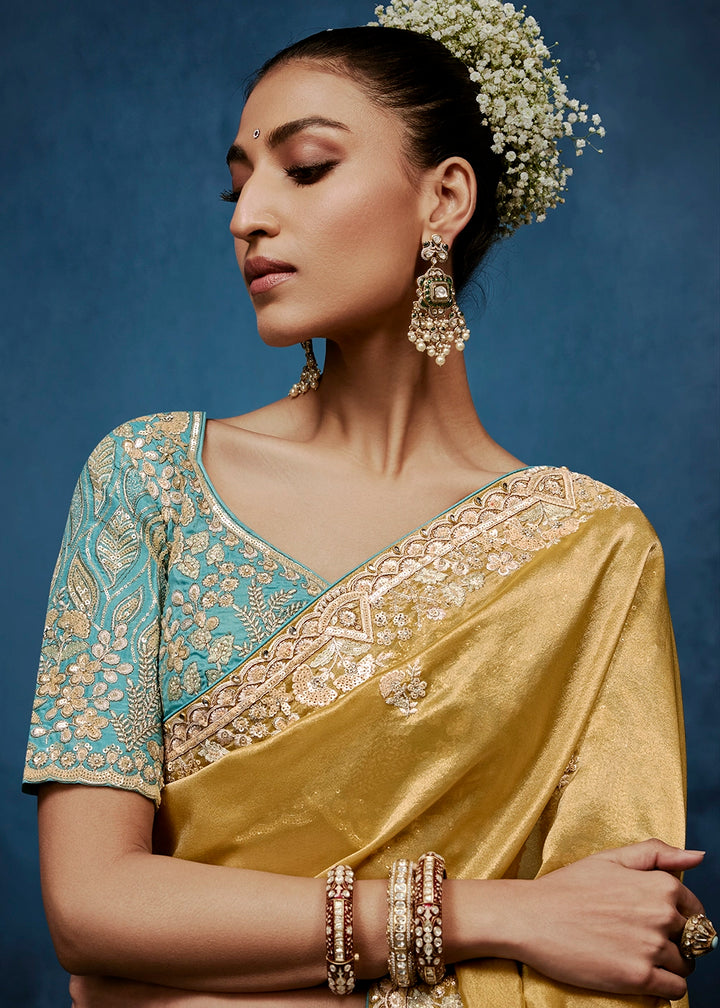 Golden Mustard Yellow Tissue Designer Saree with Embellished Blouse