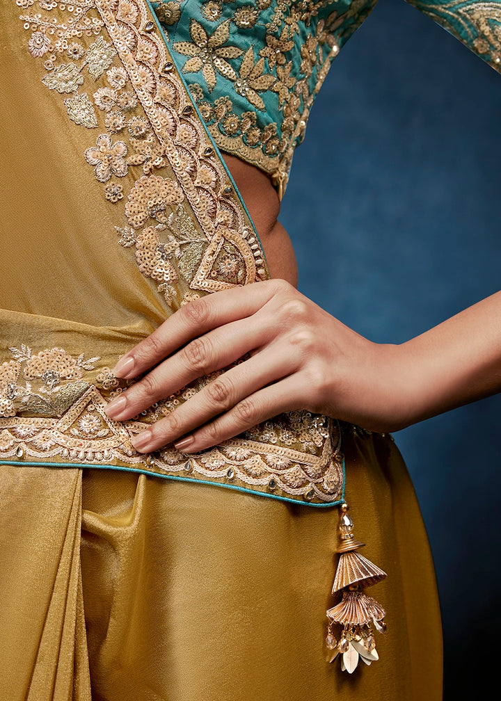 Golden Mustard Yellow Tissue Designer Saree with Embellished Blouse