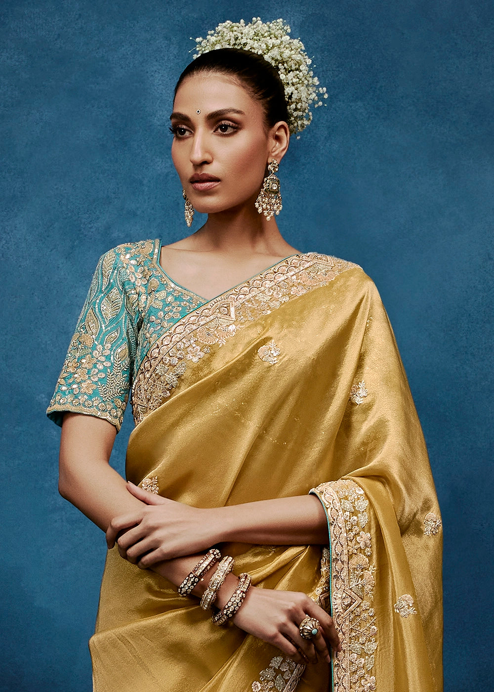 Golden Mustard Yellow Tissue Designer Saree with Embellished Blouse