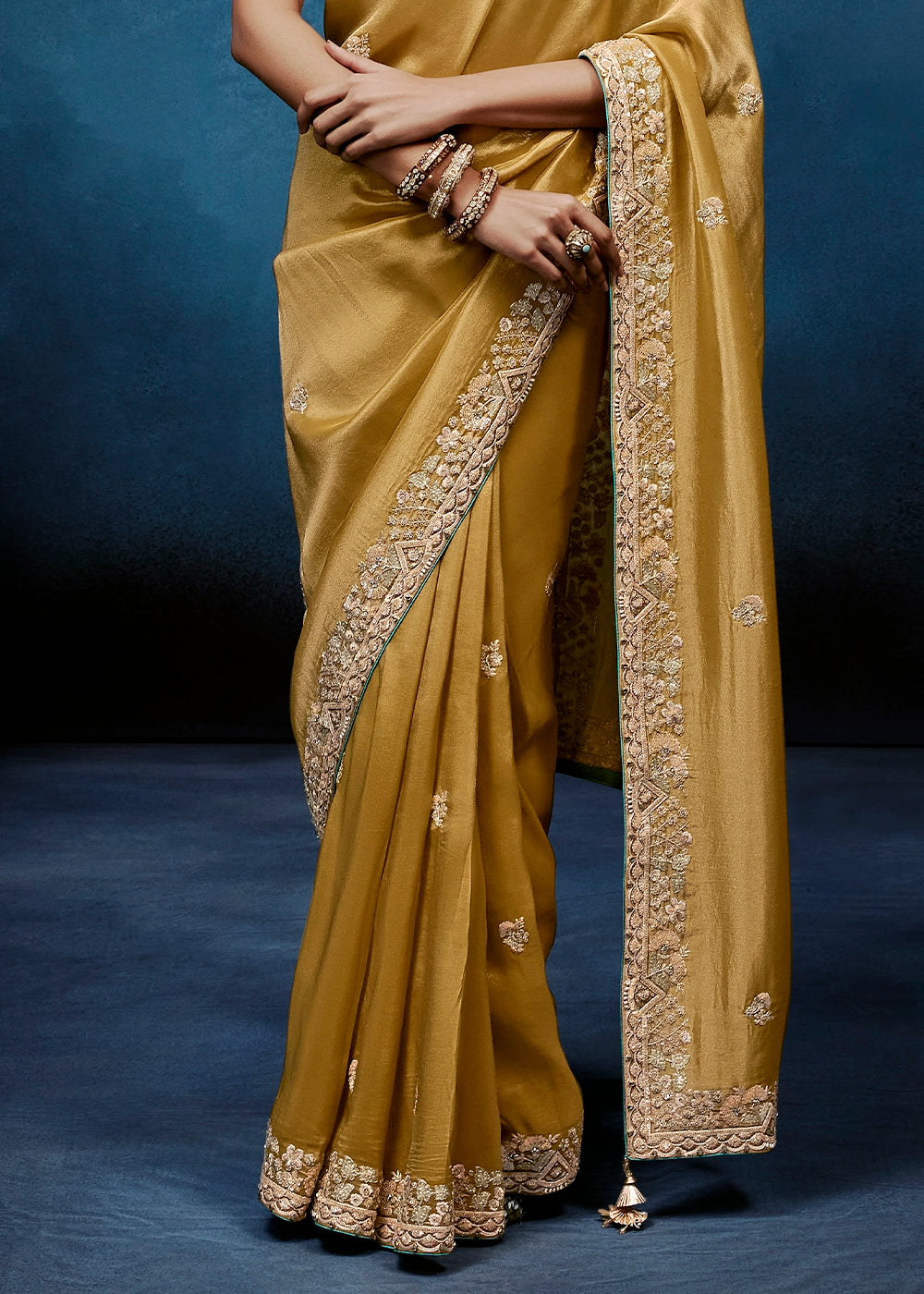 Golden Mustard Yellow Tissue Designer Saree with Embellished Blouse