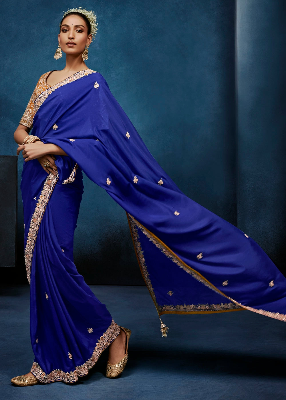 Azure Blue Tissue Designer Saree with Embellished Blouse