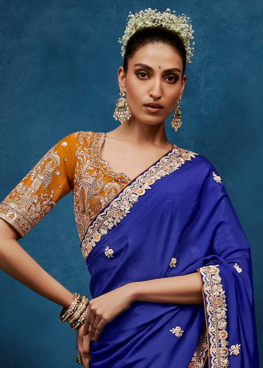 Azure Blue Tissue Designer Saree with Embellished Blouse