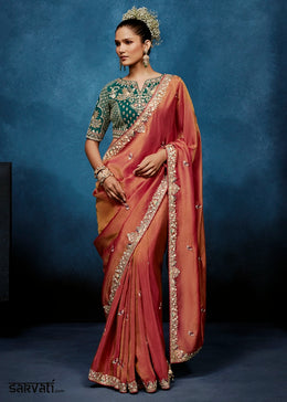 Shades Of Red Tissue Designer Saree with Embellished Blouse