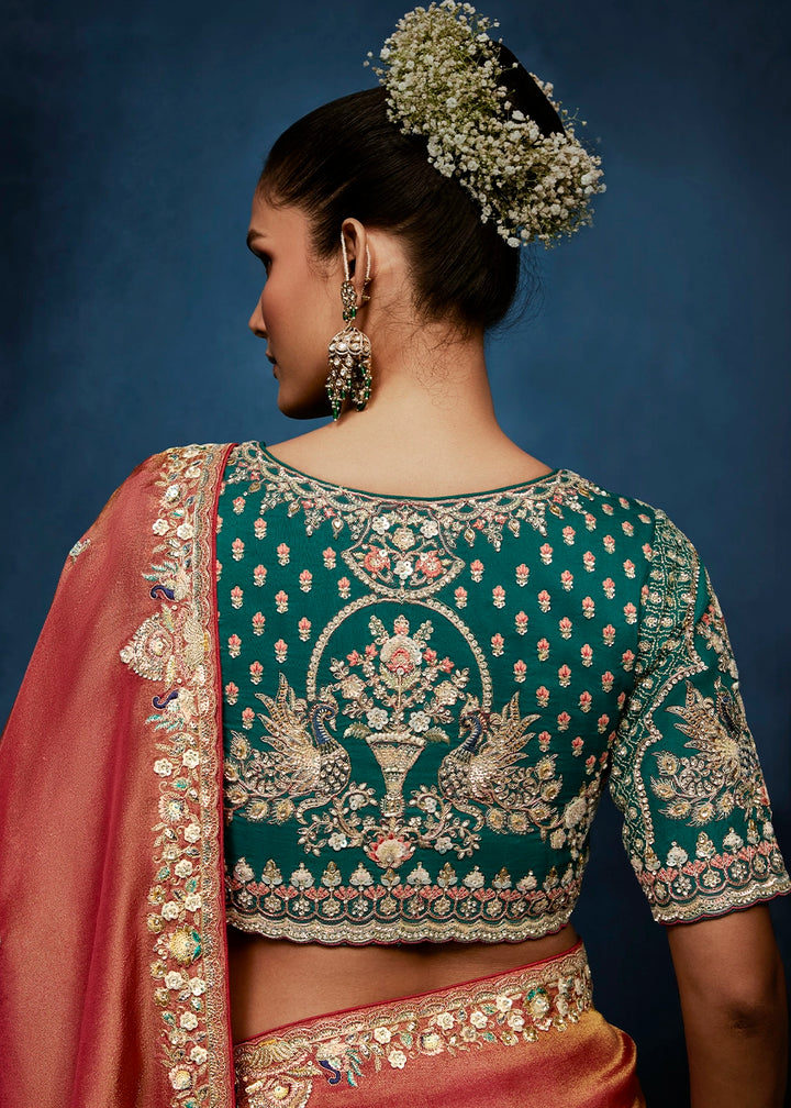 Shades Of Red Tissue Designer Saree with Embellished Blouse