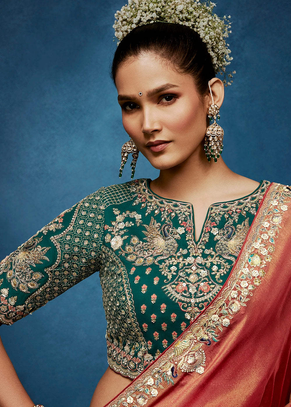 Shades Of Red Tissue Designer Saree with Embellished Blouse