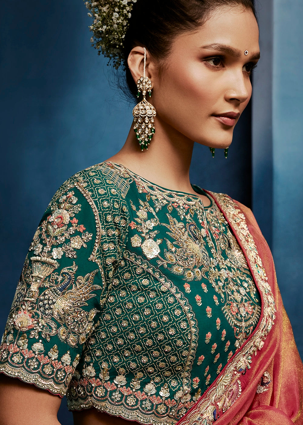 Shades Of Red Tissue Designer Saree with Embellished Blouse