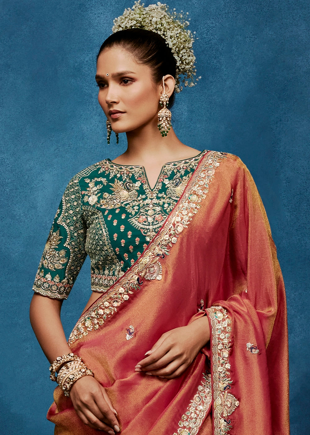 Shades Of Red Tissue Designer Saree with Embellished Blouse